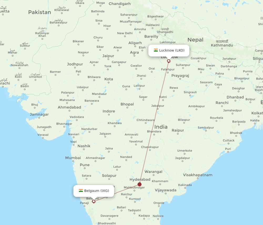 IXG to LKO flights and routes map