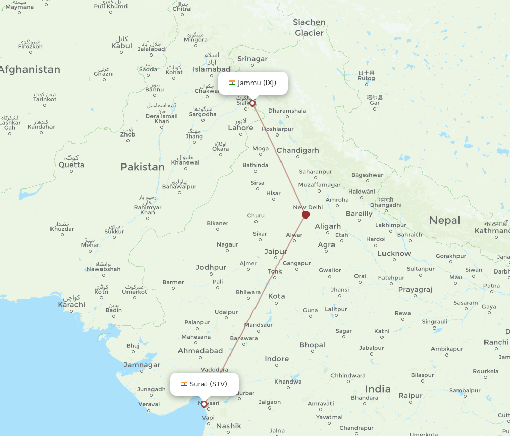 IXJ to STV flights and routes map
