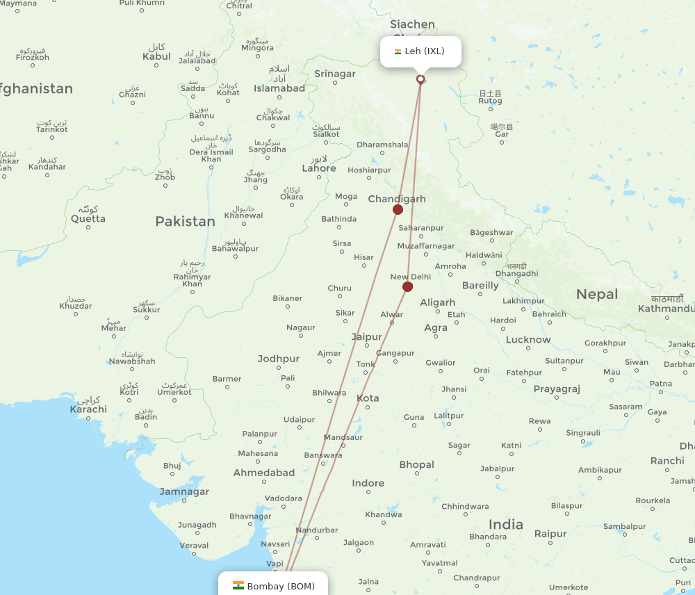 IXL-BOM flight routes