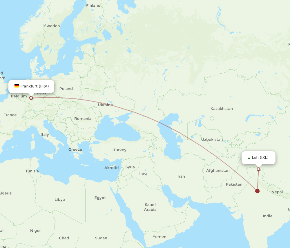 Frankfurt - Leh route map and flight paths