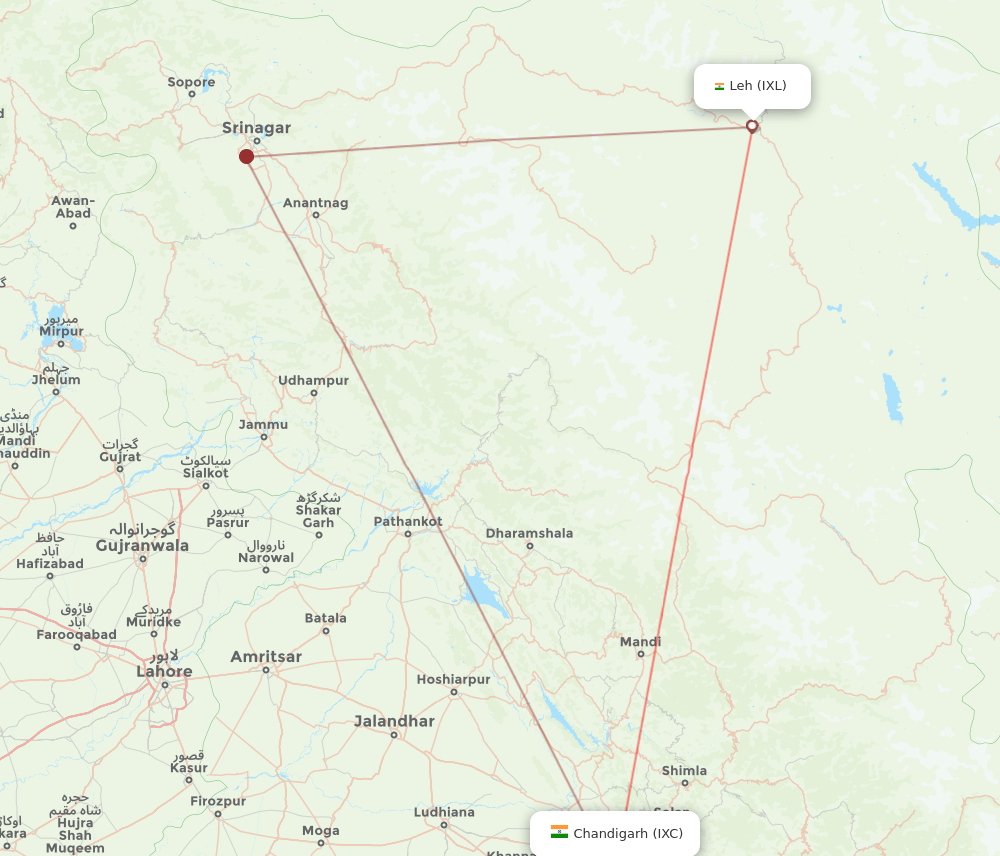 Leh - Chandigarh route map and flight paths