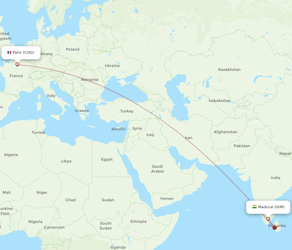 Madurai - Paris route map and flight paths