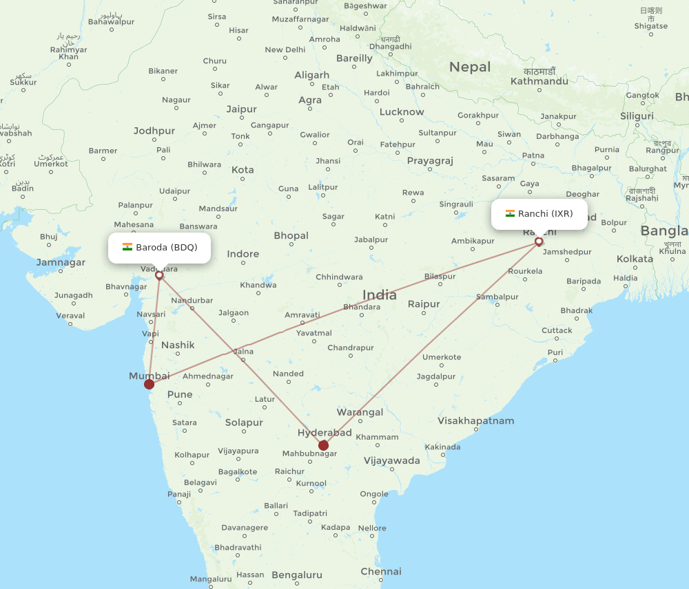 IXR to BDQ flights and routes map