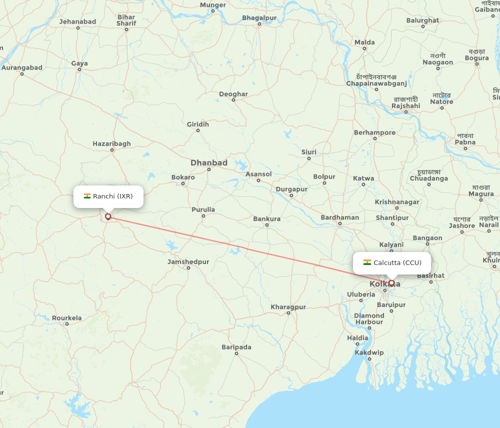 Ranchi - Kolkata route map and flight paths