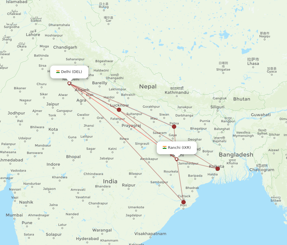IXR to DEL flights and routes map