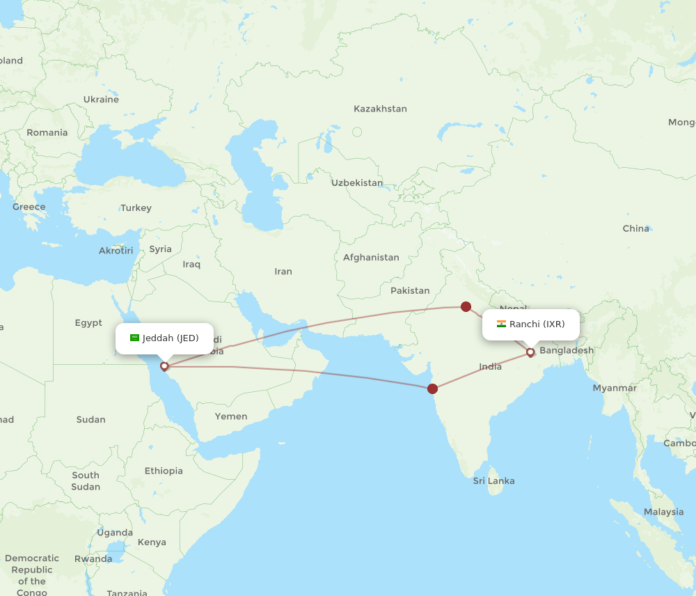 IXR to JED flights and routes map