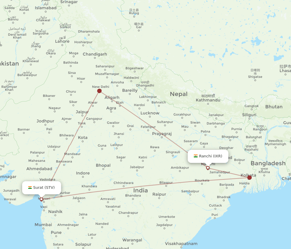 STV to IXR flights and routes map