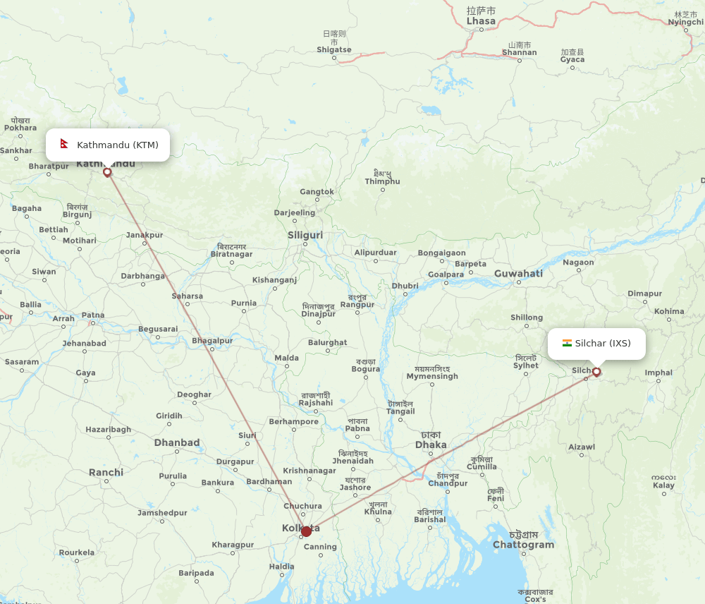 Silchar - Kathmandu route map and flight paths