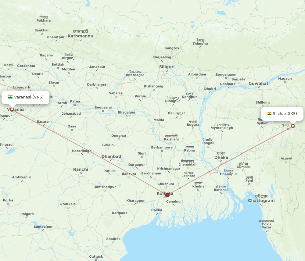 Silchar - Varanasi route map and flight paths