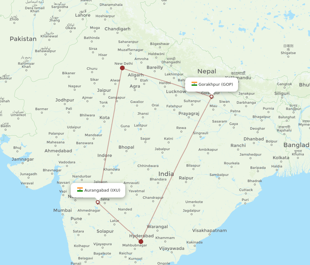IXU to GOP flights and routes map