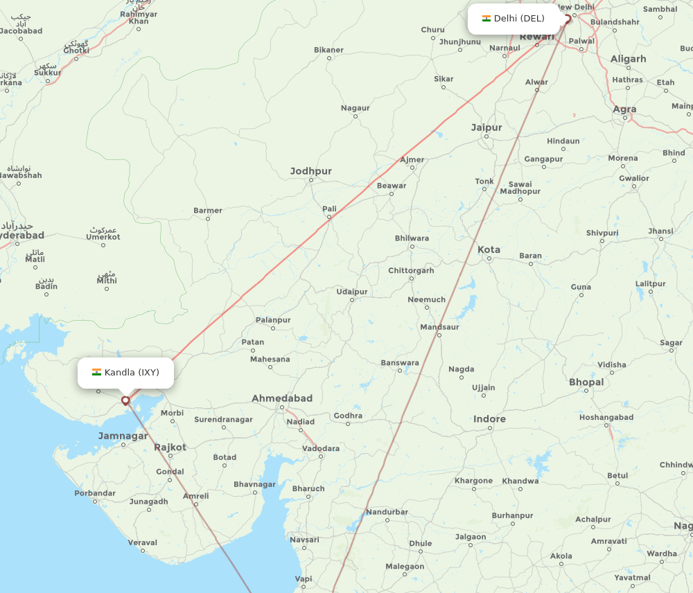 Kandla - Delhi route map and flight paths