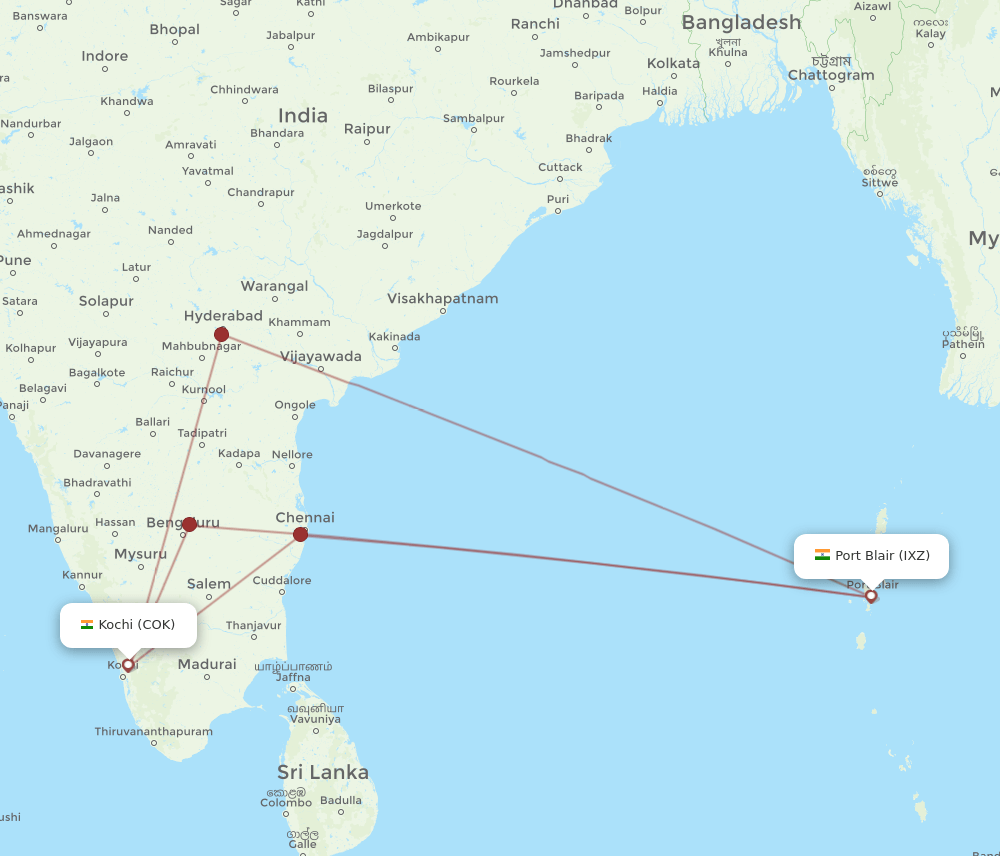 IXZ to COK flights and routes map