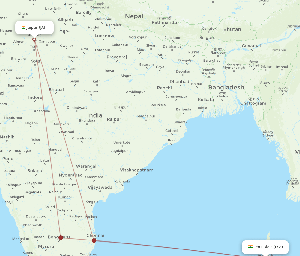 Jaipur - Port Blair route map and flight paths