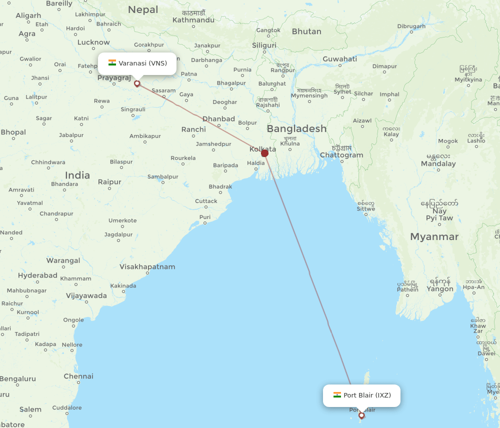 Varanasi - Port Blair route map and flight paths