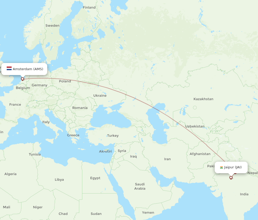 Amsterdam - Jaipur route map and flight paths