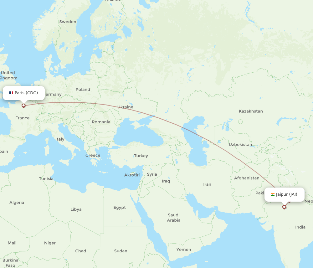 Paris - Jaipur route map and flight paths