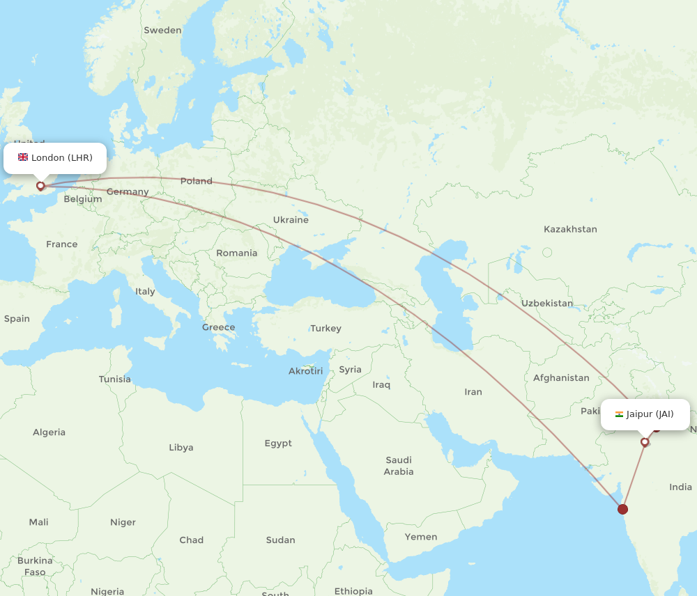 JAI to LHR flights and routes map