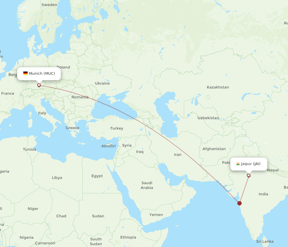 Munich - Jaipur route map and flight paths