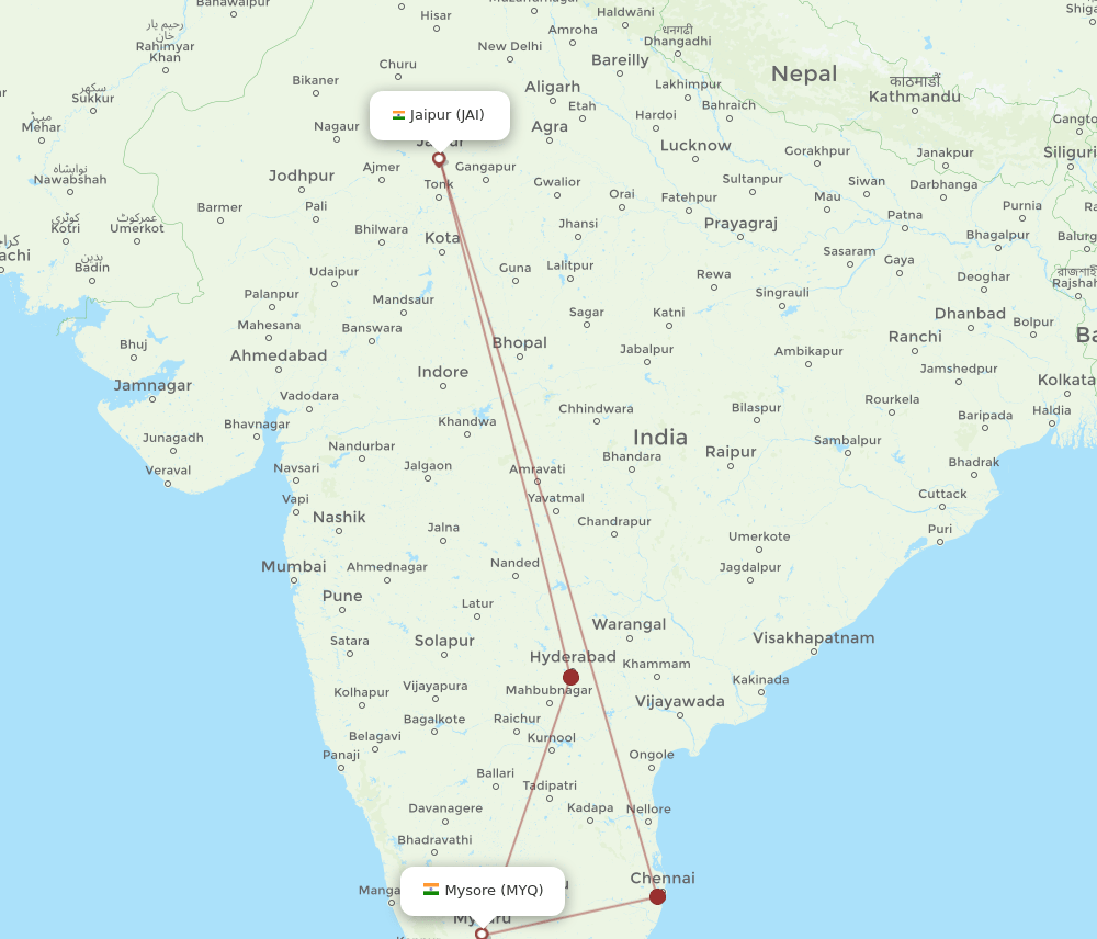 Jaipur - Mysore route map and flight paths
