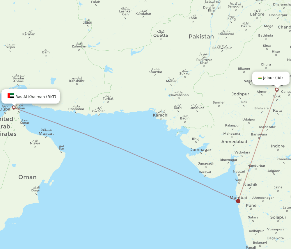 Jaipur - Ras al-Khaimah route map and flight paths