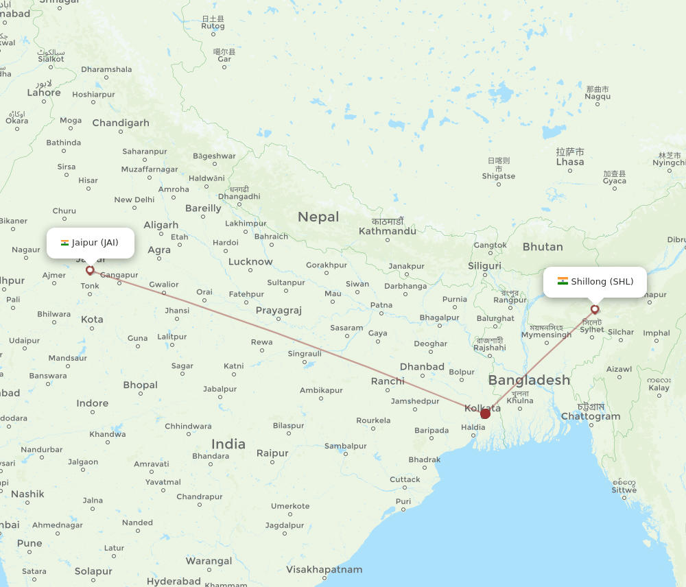 JAI to SHL flights and routes map