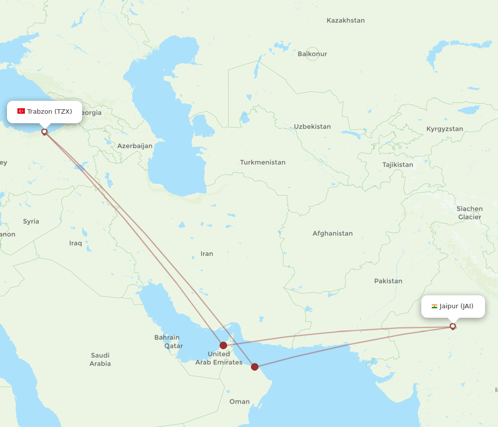 JAI to TZX flights and routes map