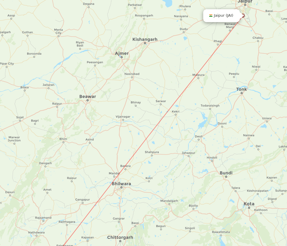 Jaipur - Udaipur route map and flight paths