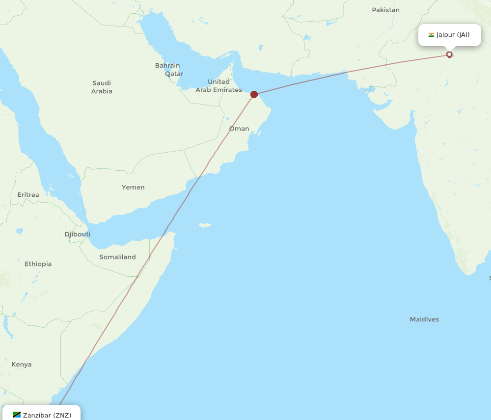 Zanzibar - Jaipur route map and flight paths