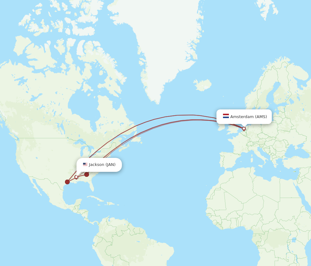 JAN to AMS flights and routes map