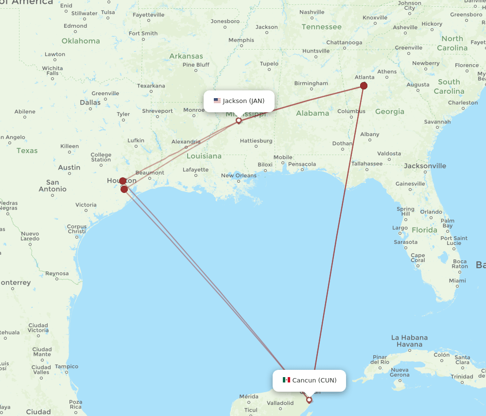 JAN to CUN flights and routes map
