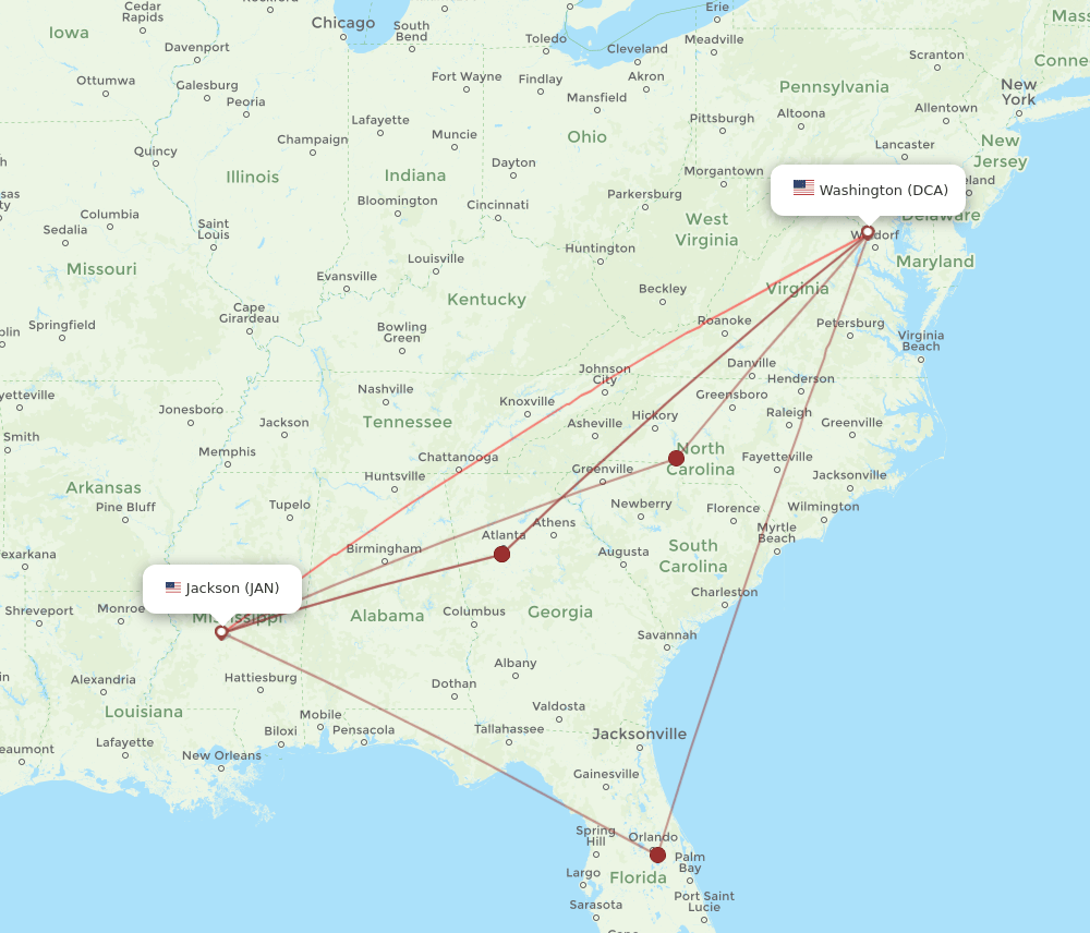 JAN-DCA flight routes