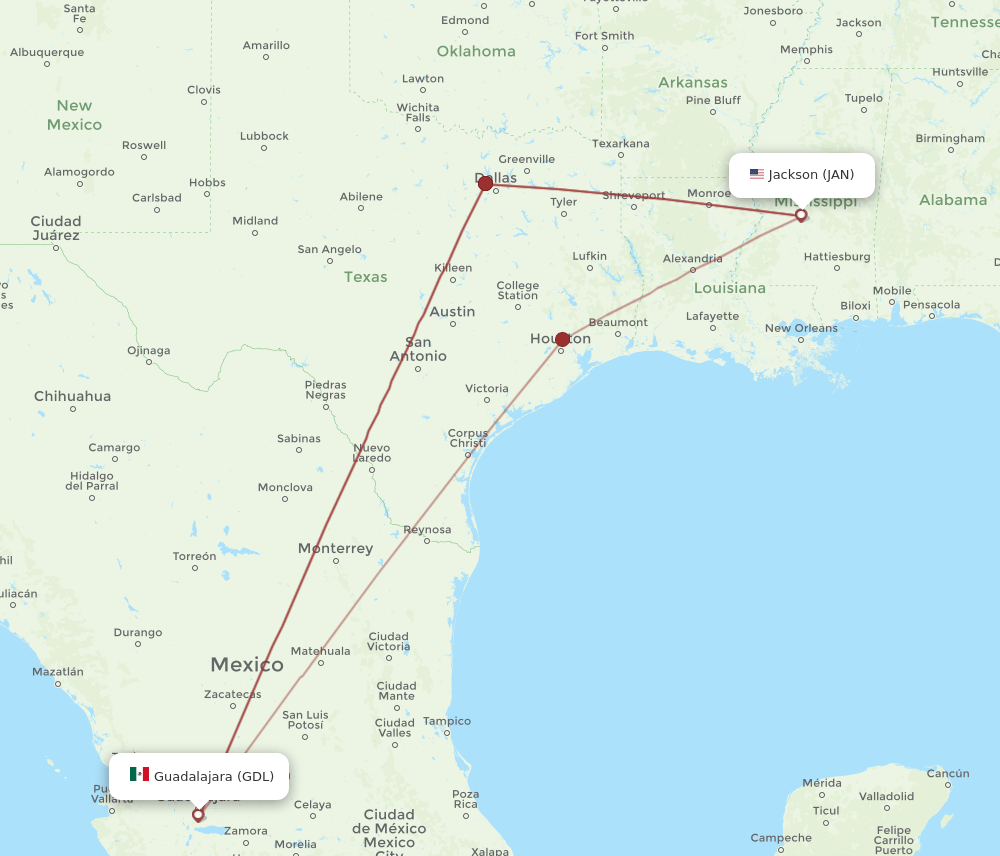 JAN to GDL flights and routes map