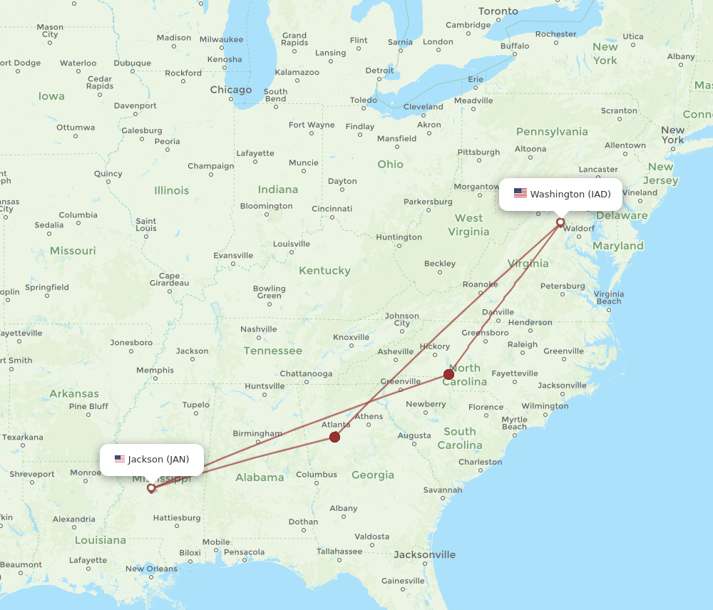 JAN to IAD flights and routes map