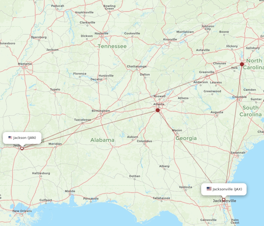 JAN to JAX flights and routes map
