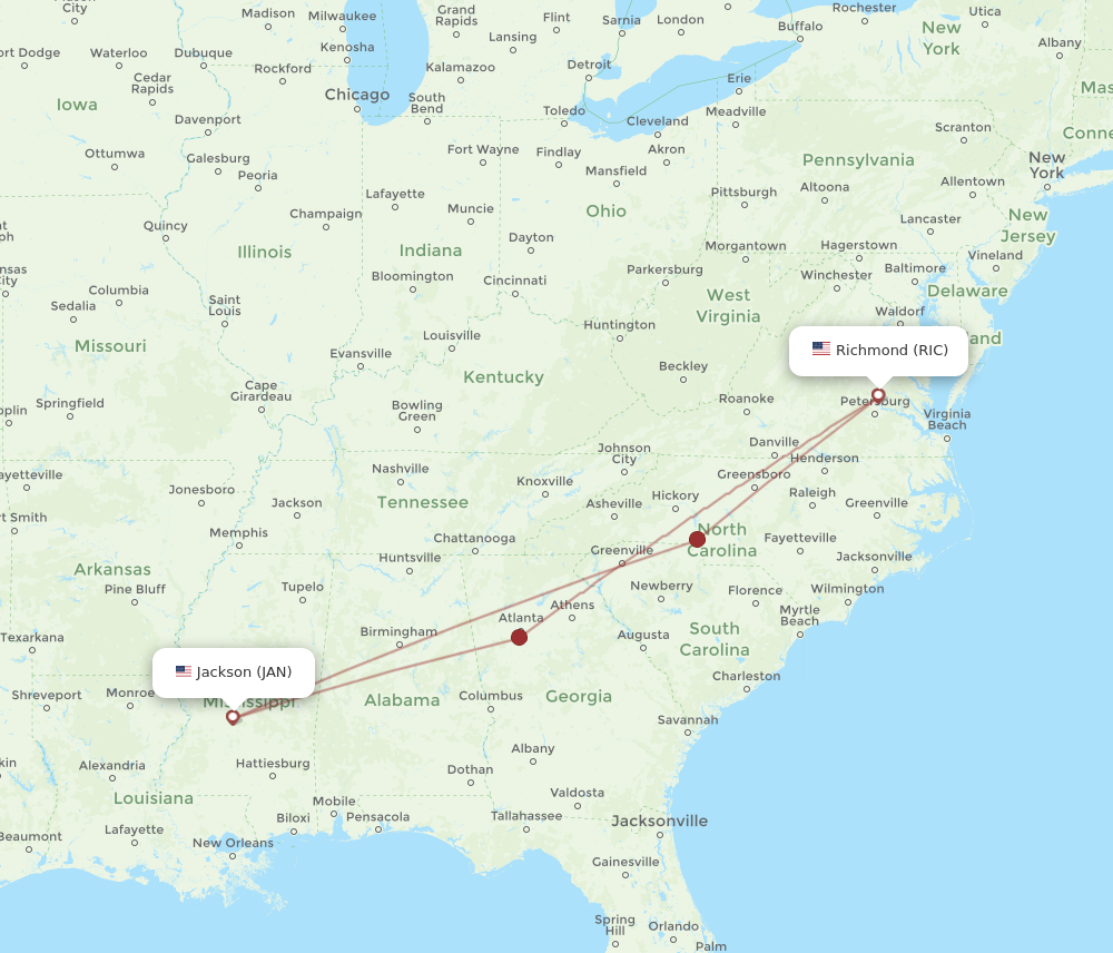 JAN to RIC flights and routes map