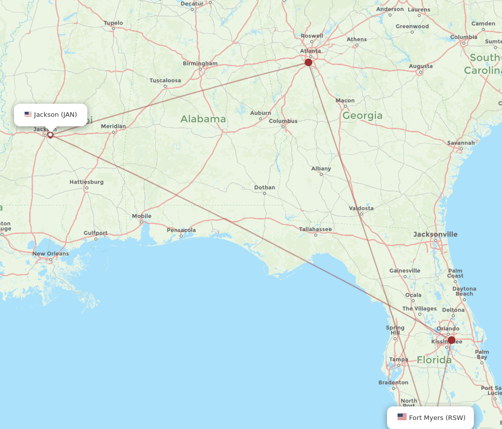 JAN to RSW flights and routes map