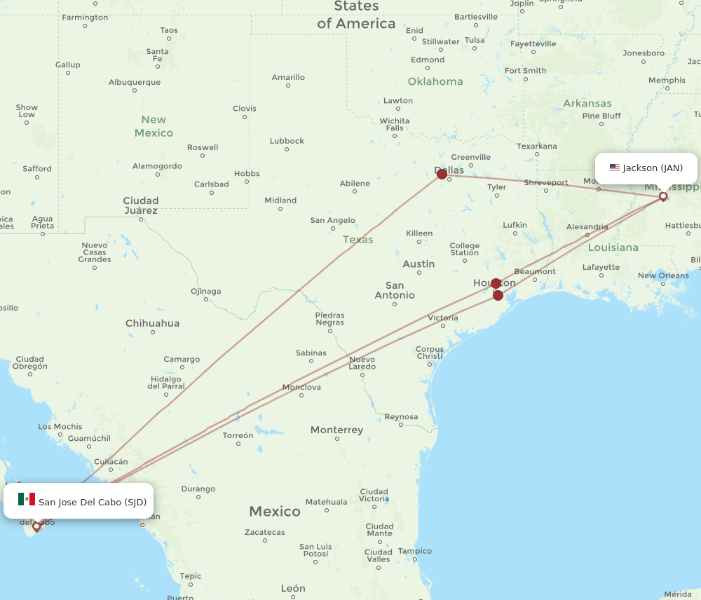 JAN to SJD flights and routes map