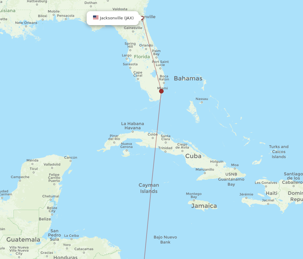 Jacksonville - San Andres Island route map and flight paths
