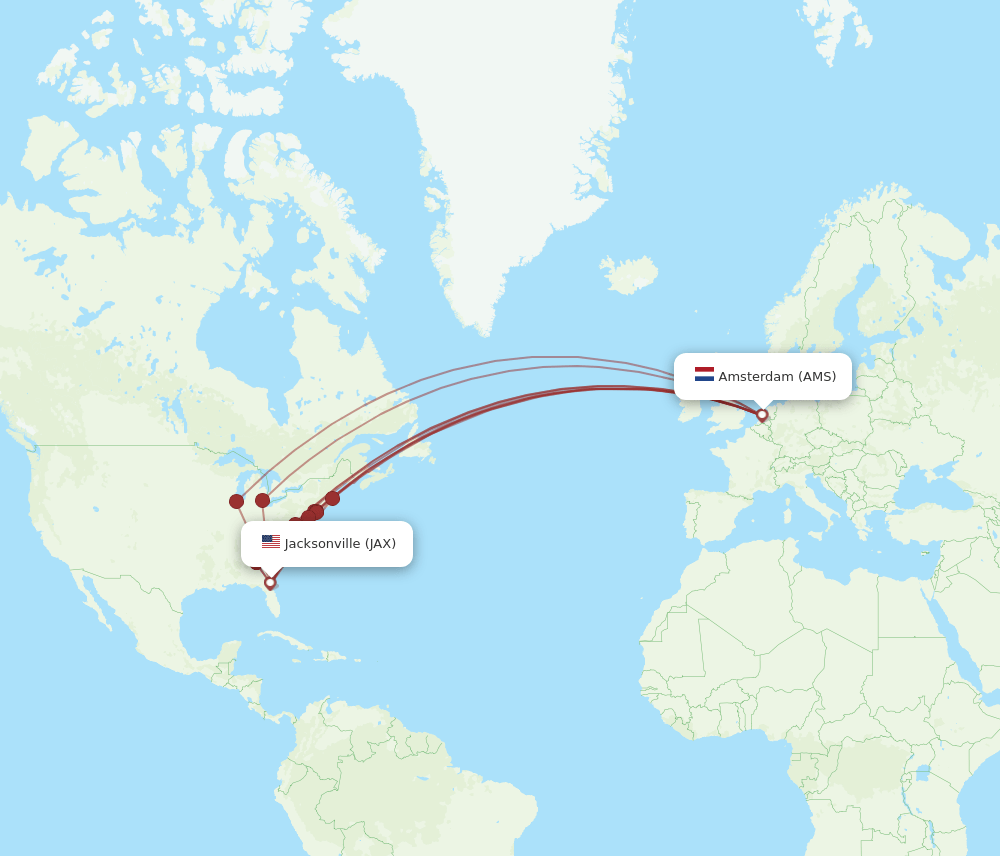 JAX to AMS flights and routes map