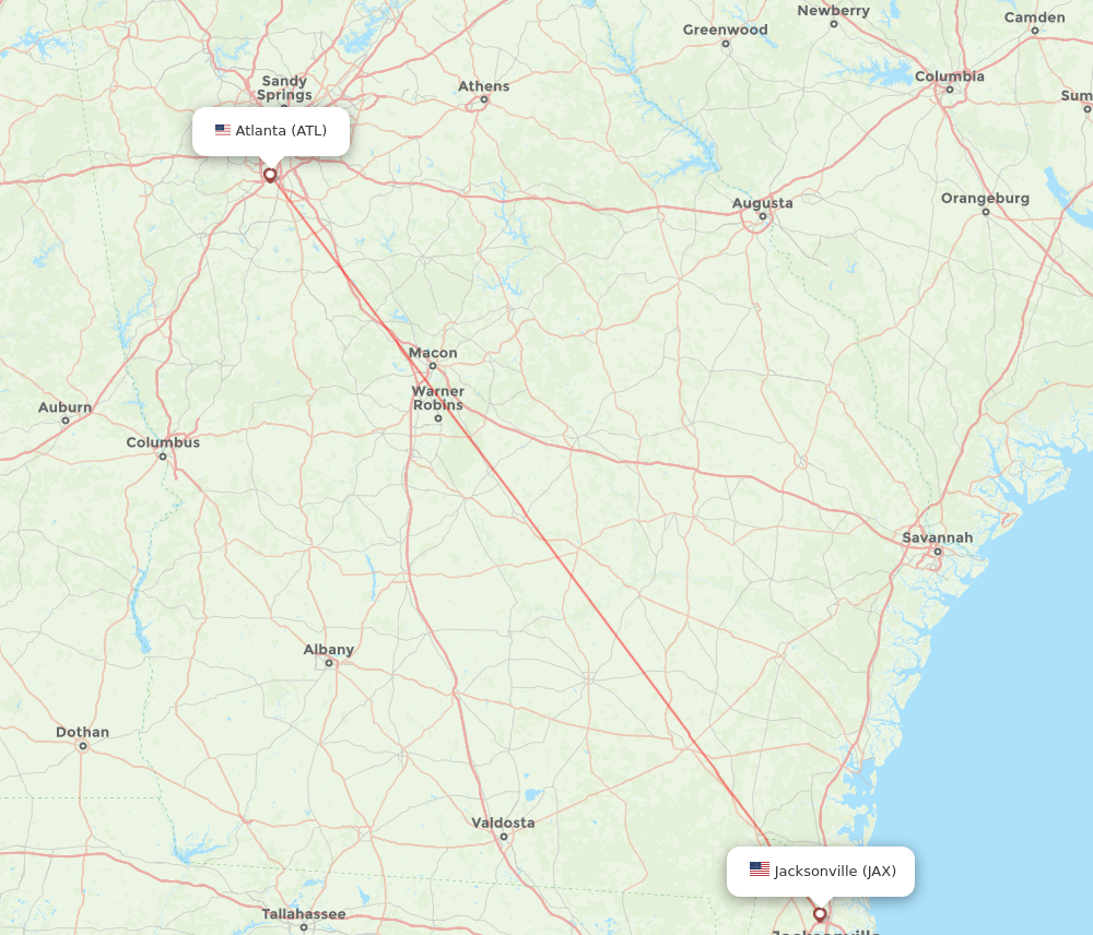 Jacksonville - Atlanta route map and flight paths
