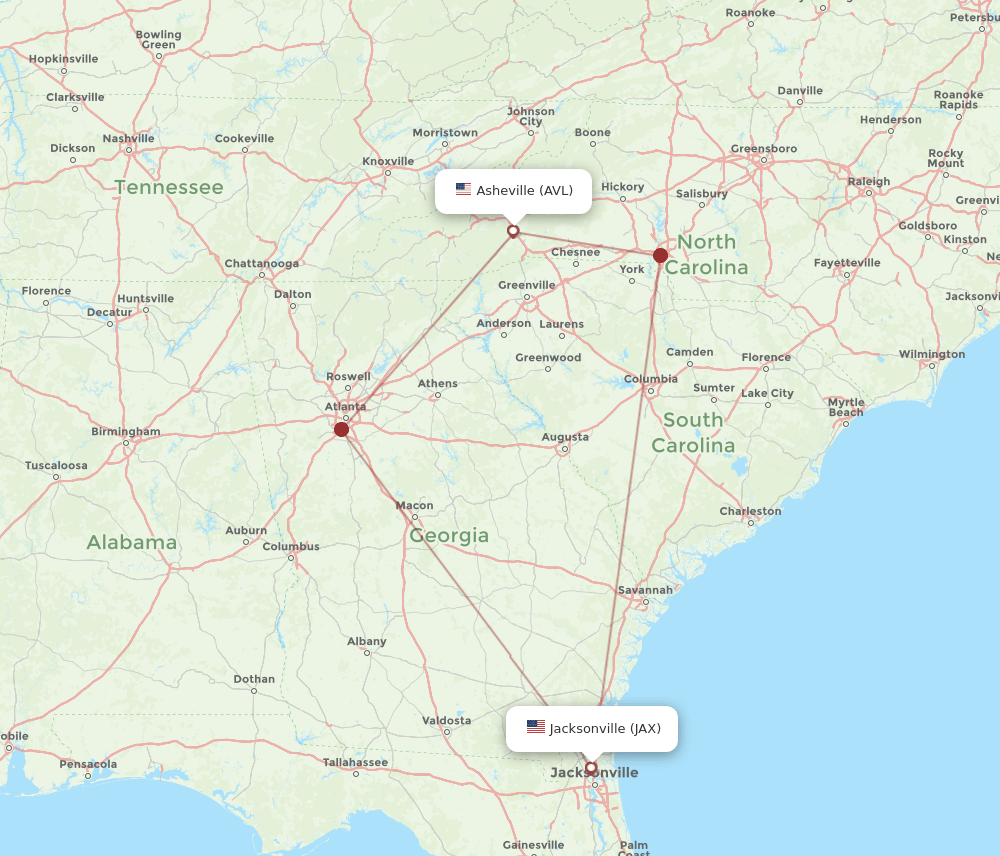 JAX to AVL flights and routes map