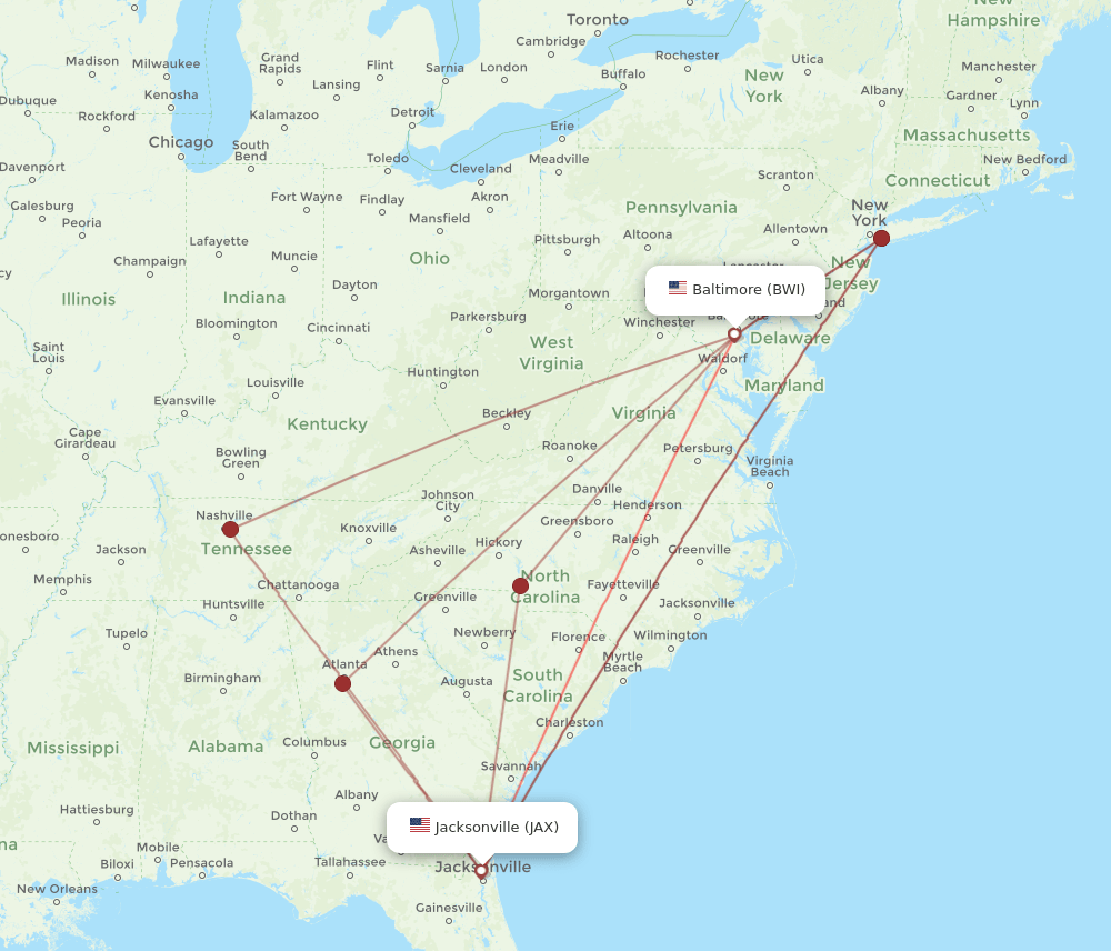 JAX-BWI flight routes