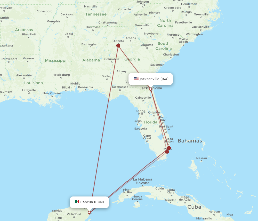 JAX to CUN flights and routes map