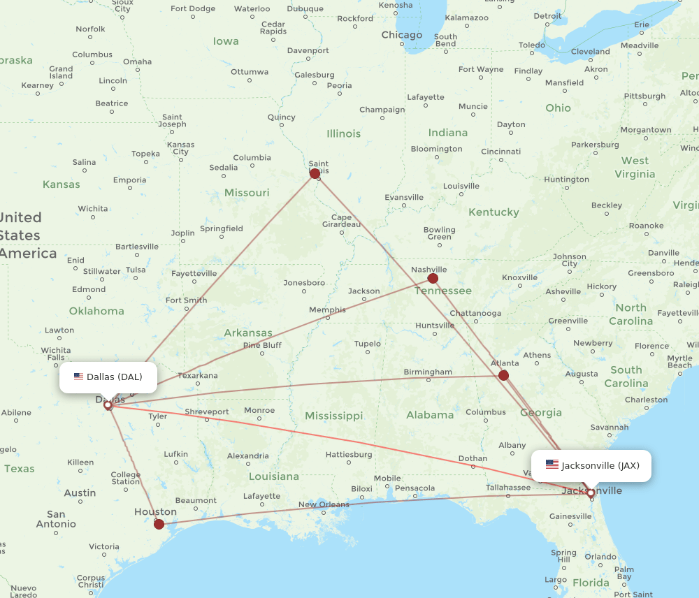 JAX to DAL flights and routes map