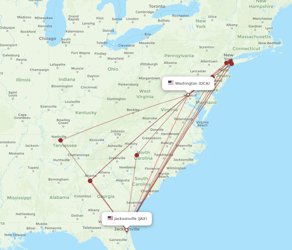JAX to DCA flights and routes map