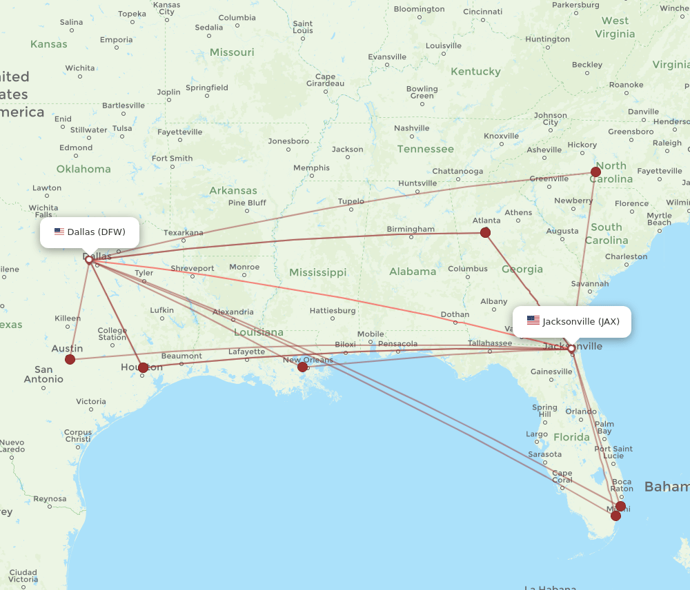 JAX to DFW flights and routes map