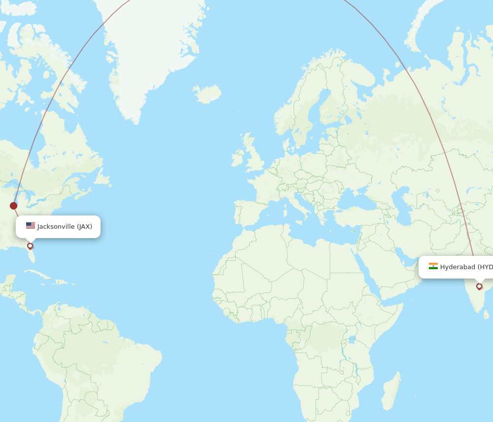 Hyderabad - Jacksonville route map and flight paths