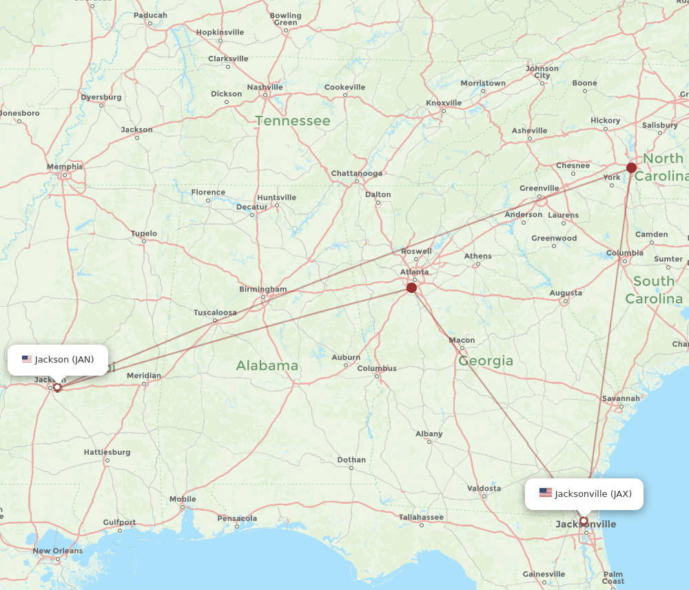 JAX to JAN flights and routes map