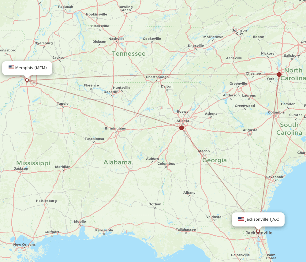 JAX to MEM flights and routes map