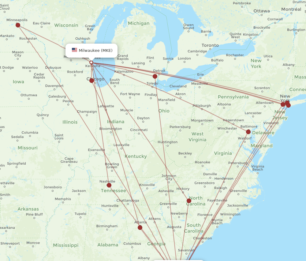JAX to MKE flights and routes map